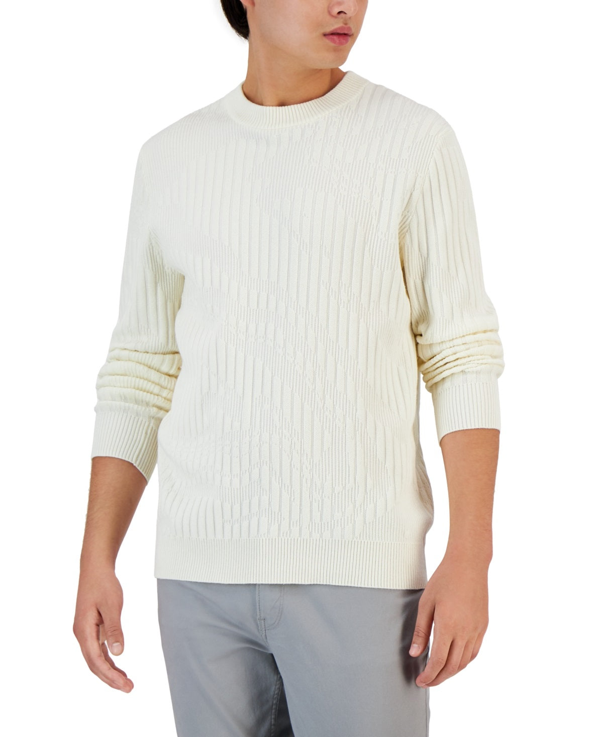 Alfani Men's Ribbed Marble Crewneck Sweater White Size X-Large