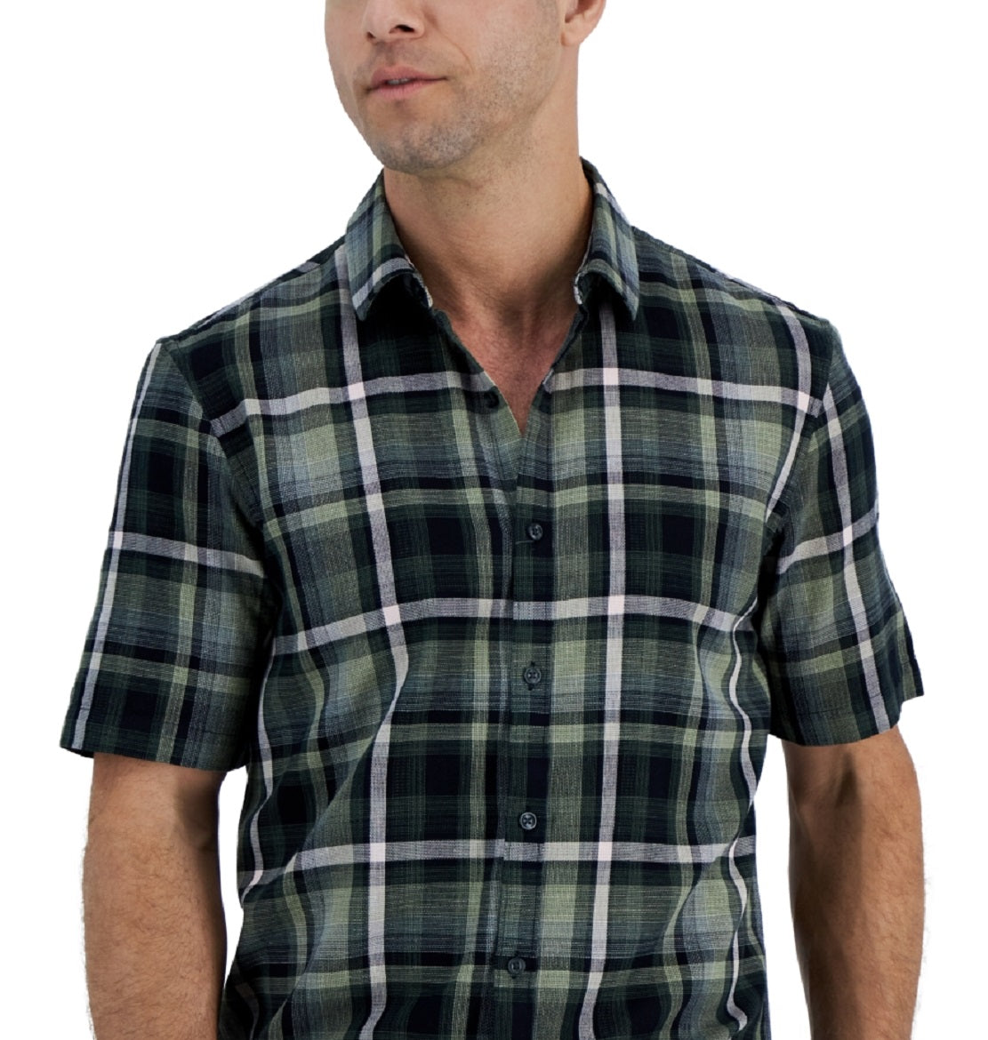 Alfani Men's Short Sleeve Panama Plaid Textured Shirt Green Size Medium