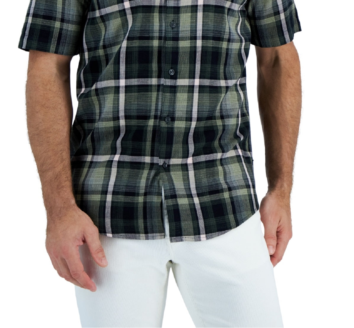 Alfani Men's Short Sleeve Panama Plaid Textured Shirt Green Size Medium