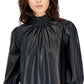 INC International Concepts Women's Faux Leather Smocked Neck Top Black Size Medium