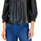 INC International Concepts Women's Faux Leather Smocked Neck Top Black Size Medium