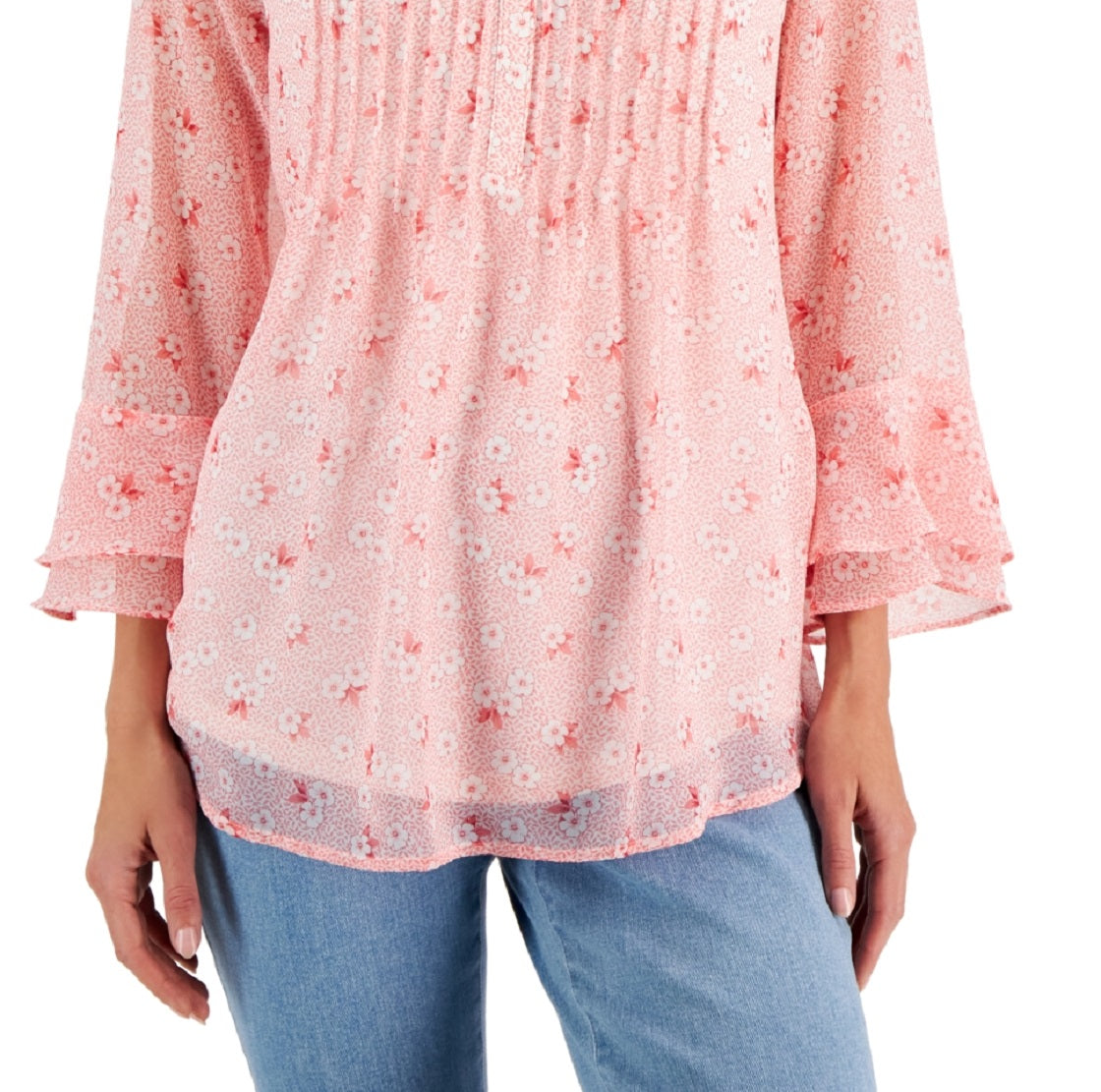 Charter Club Women's Floral Print Pintuck Top Red Size XX-Large