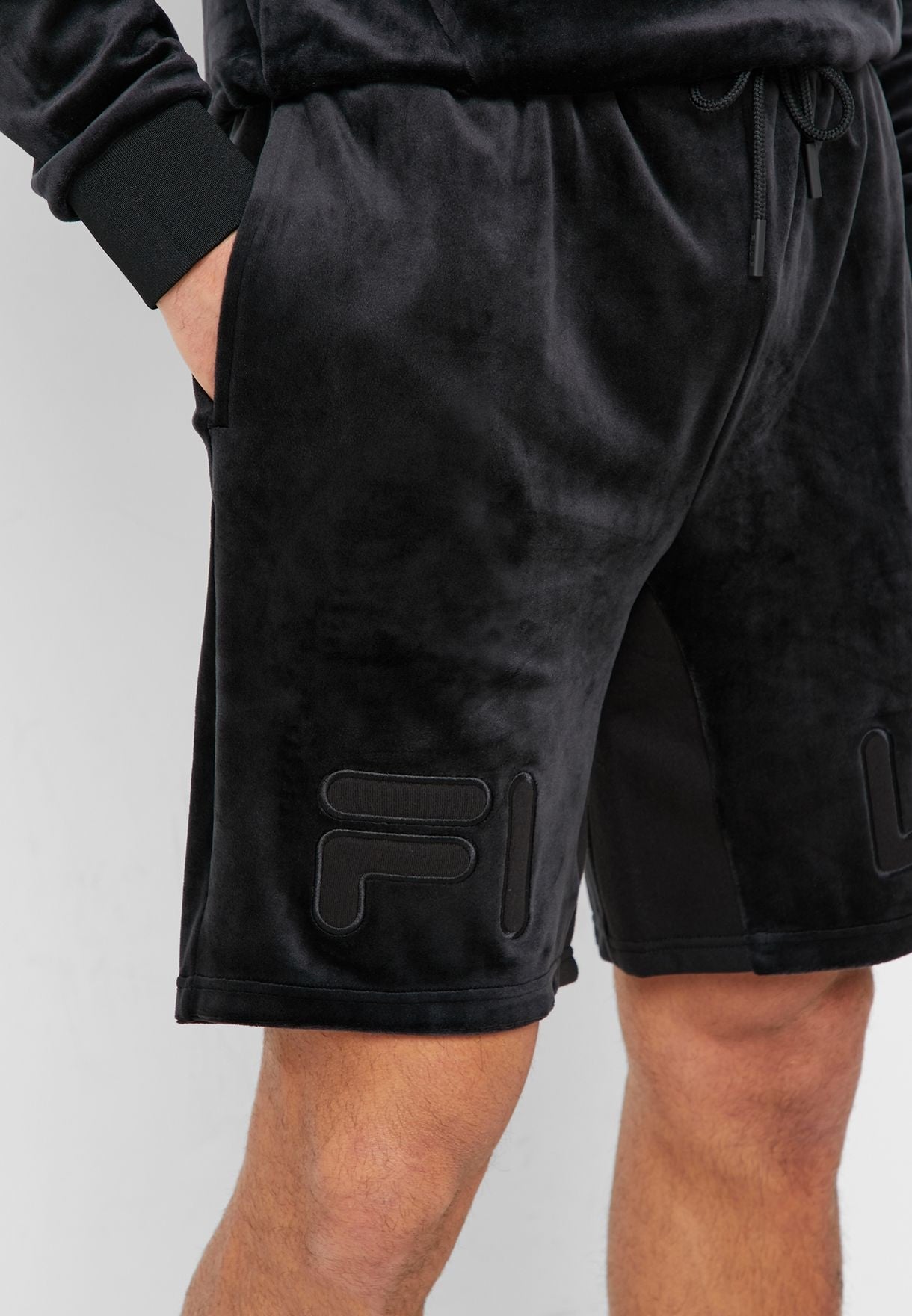 Fila Men's Arc Classic Fit Stretch Velour Logo Shorts Black Size Large