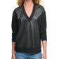 DKNY Women's Faux Leather Front V Neck Sweatshirt Black Size X-Large
