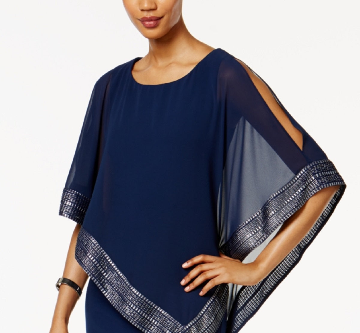 SL Fashions Women's Foil Trim Asymmetrical Popover Capelet Sheath Dress Blue Size 12