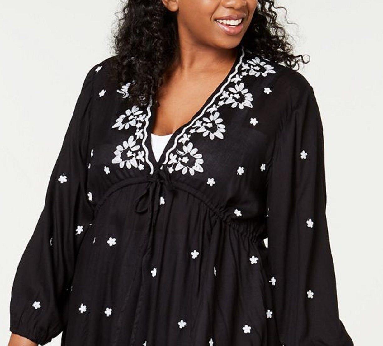 Raviya Women's Embroidered 3/4 Sleeve Dress Cover Up Swimsuit Black