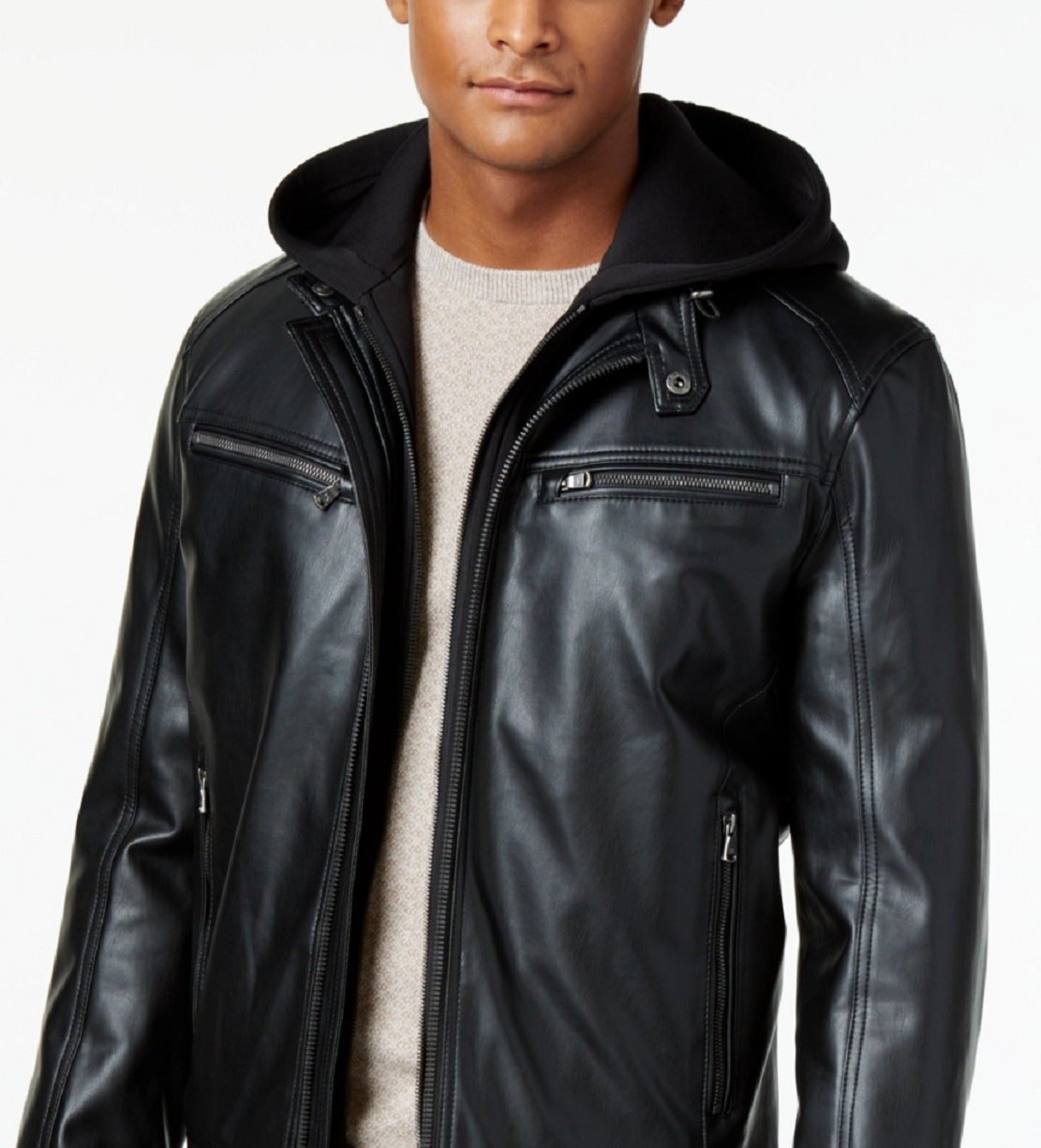 Michael Kors Men's Faux Leather Hooded Bomber Jacket Black Size Large