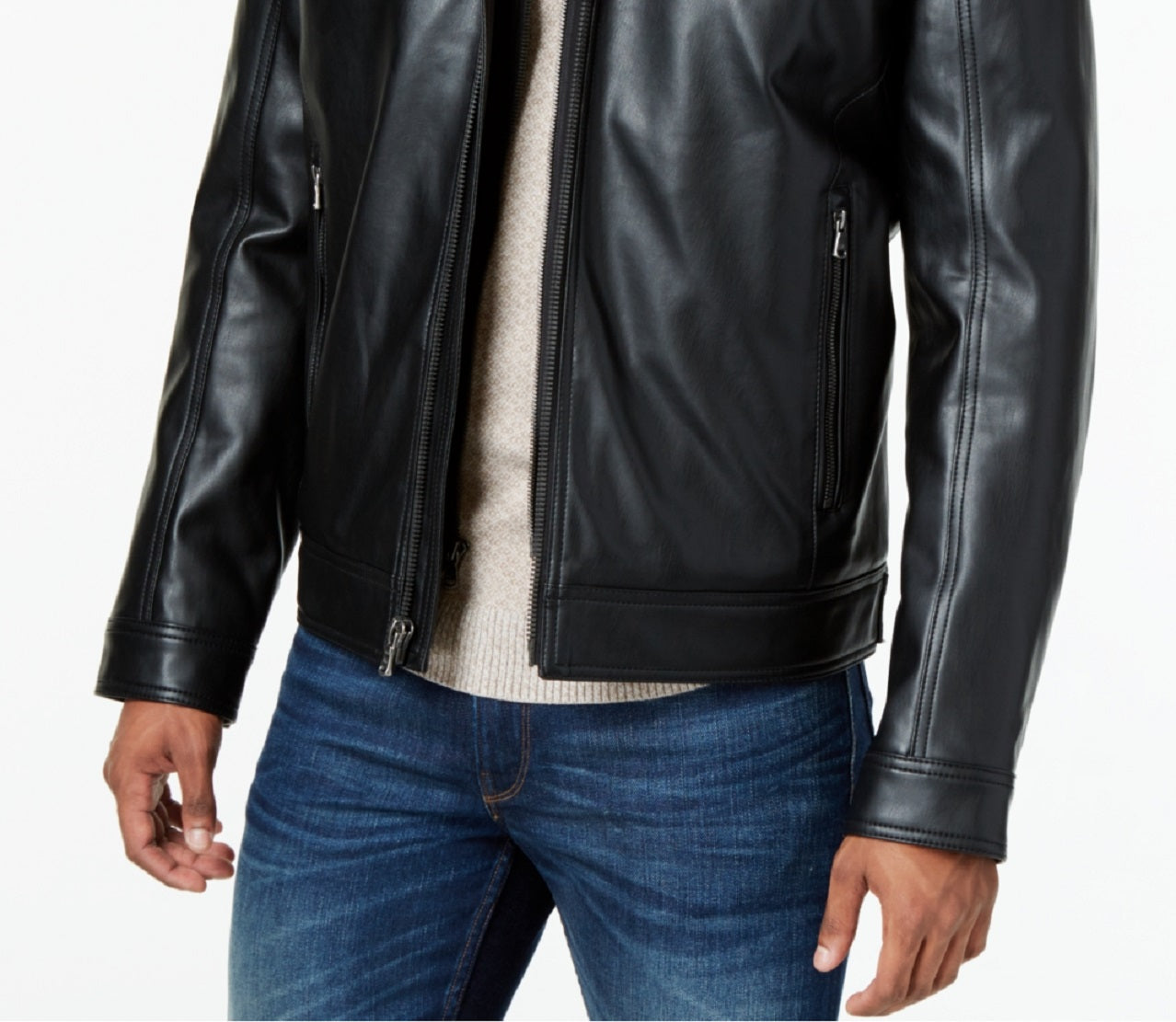 Michael Kors Men's Faux Leather Hooded Bomber Jacket Black Size Large