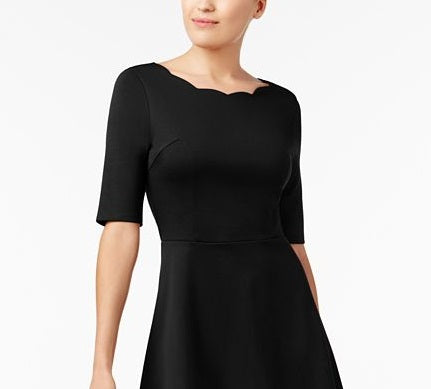 Monteau Women's Scalloped Neck Fit & Flare Dress Black Size Petite S