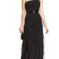 Adrianna Papell Women's One Shoulder Tiered Chiff Asymetrical Neckline Full Length Evening Dress Black Size 6