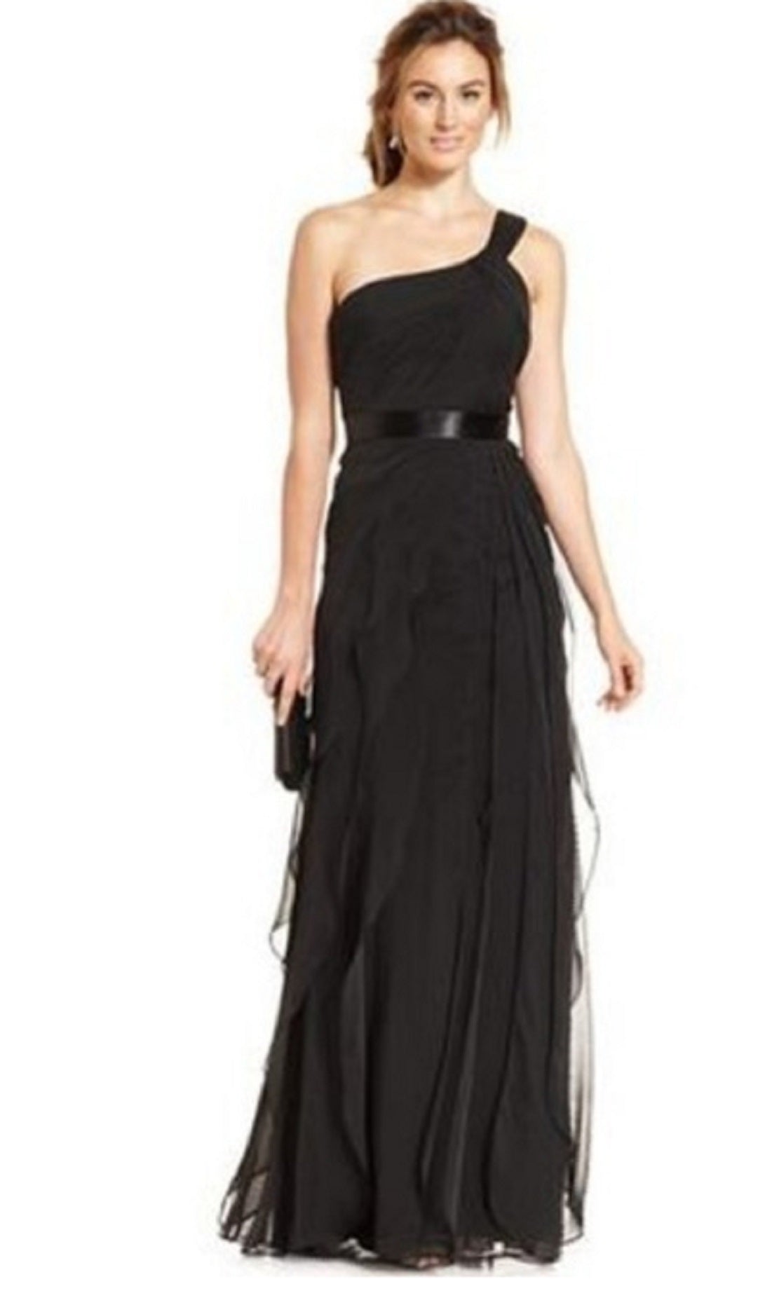 Adrianna Papell Women's One Shoulder Tiered Chiff Asymetrical Neckline Full Length Evening Dress Black Size 6