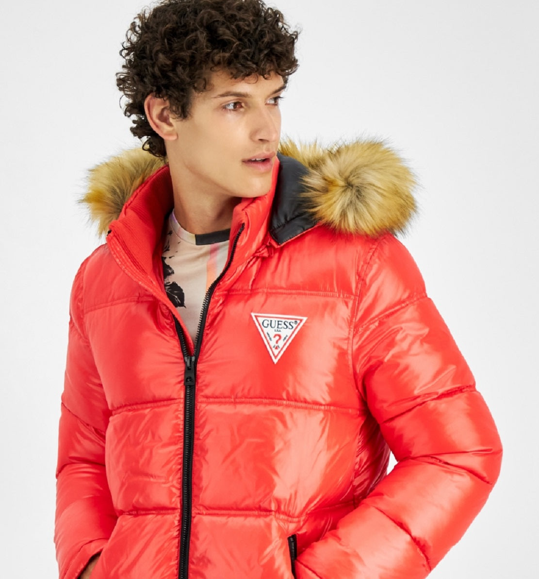 GUESS Men's Puffer Jacket With Faux Fur Hood Red Size X-Large