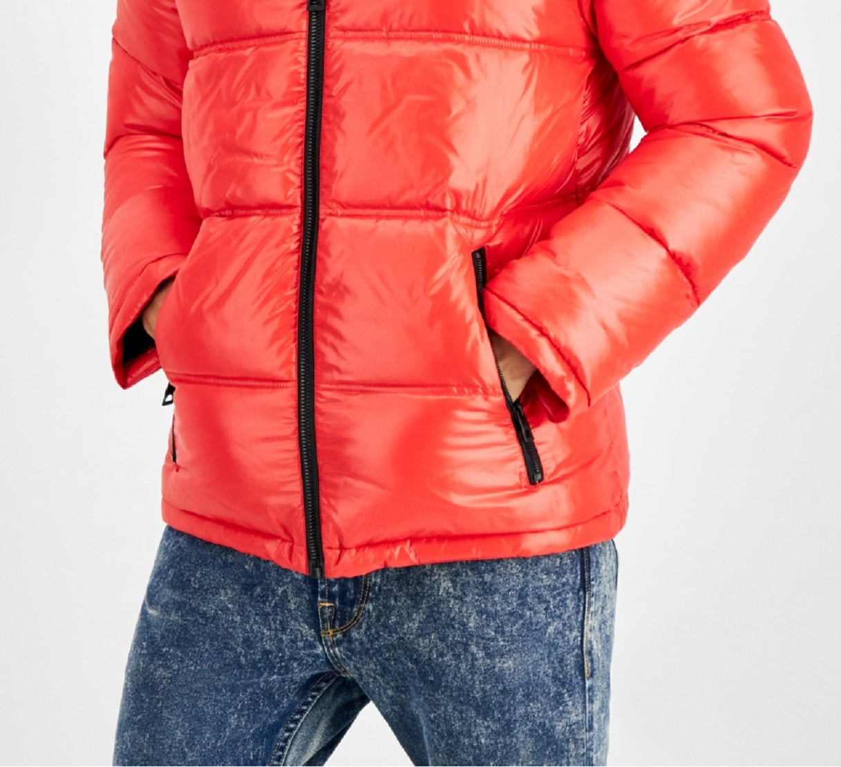 GUESS Men's Puffer Jacket With Faux Fur Hood Red Size X-Large