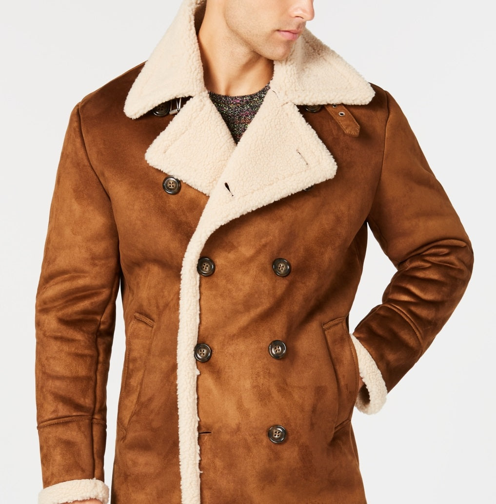 GUESS Men's Faux Shearling Overcoat Brown Size Small