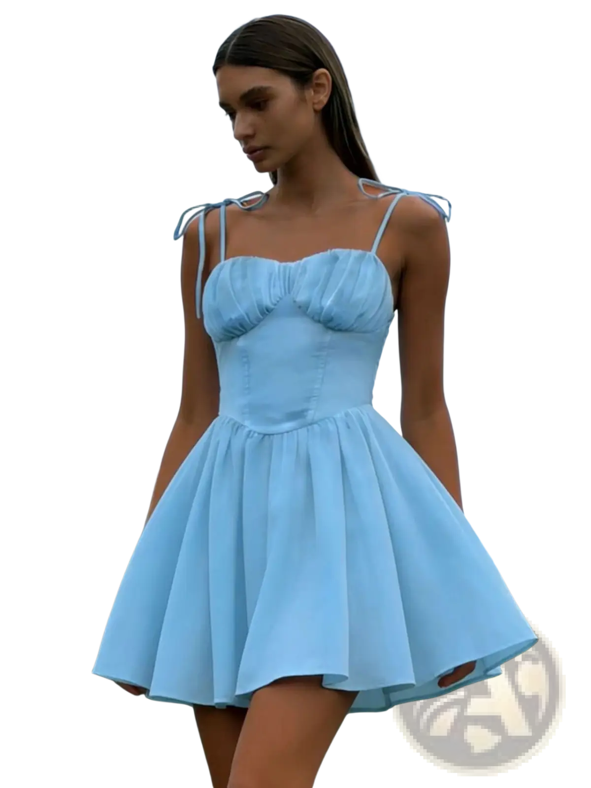 Sky Blue Ruched Corset Mini Dress with Tie Straps