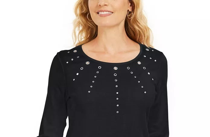 Karen Scott Women's Petite Cotton Grommet-Hardware Top Black Size Petite S