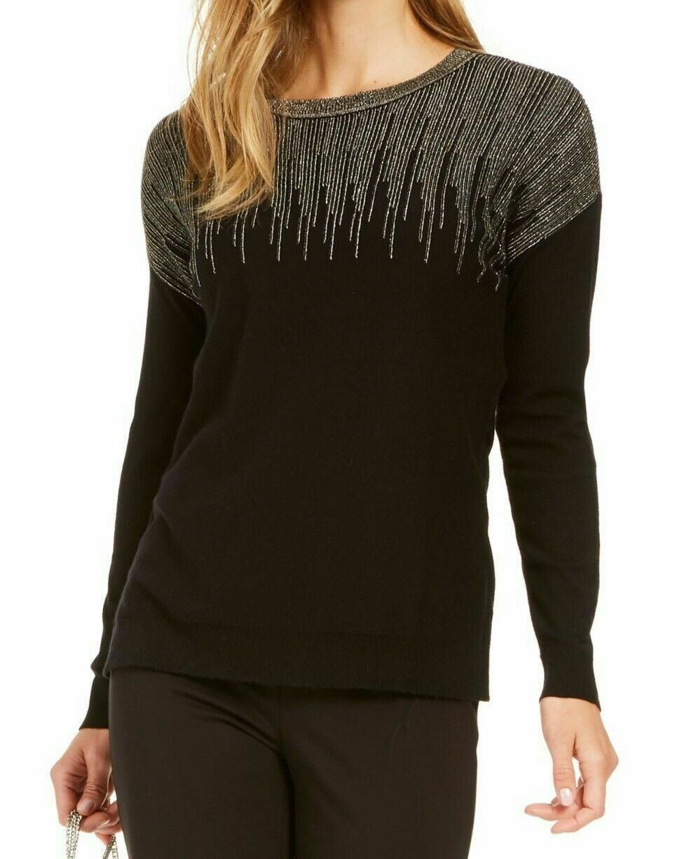 Alfani Women's Metallic-Detail Vented-Hem Sweater Black Size Small