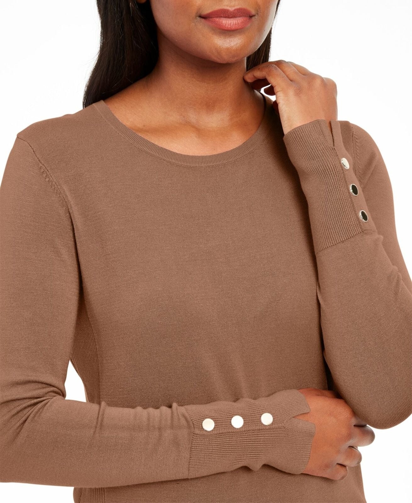 JM Collection Women's Button-Cuff Crewneck Sweater Brown Size Medium