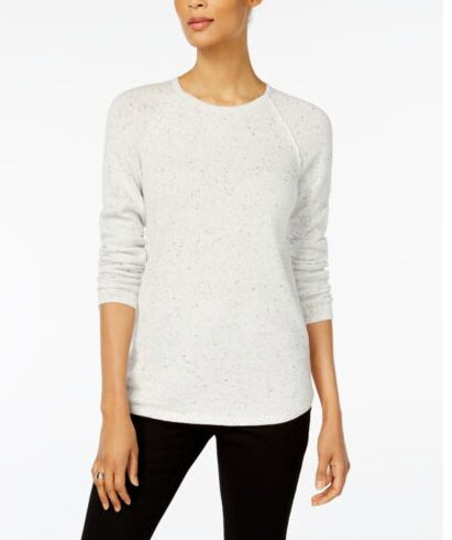 Karen Scott Women's Petite Long-Sleeve Curved Hem Sweater White Speckled Size Petite Small