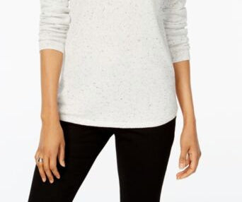 Karen Scott Women's Petite Long-Sleeve Curved Hem Sweater White Speckled Size Petite Small