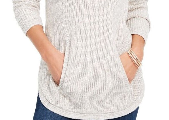 Style & Co Women's  Envelope Neck Kangaroo Pocket Knit Sweater Beige Size XX-Large