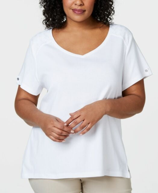 Karen Scott Women's Cotton Crochet-Trim T-Shirt White Size Medium