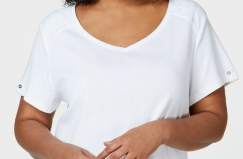 Karen Scott Women's Cotton Crochet-Trim T-Shirt White Size Medium
