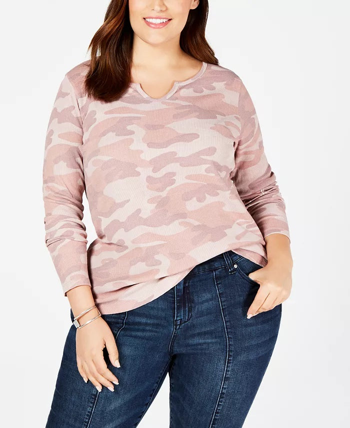 Style & Co Women's Printed Thermal Top Pink Size 0X