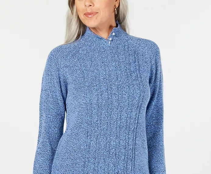 Karen Scott Women's Petite Mock-Neck Cable-Knit Sweater Blue Size Medium