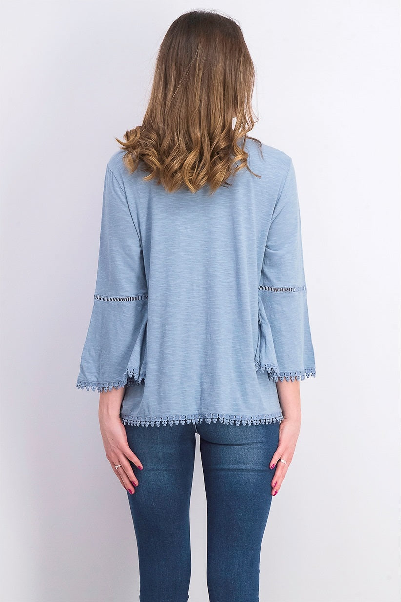 Style & Co Women's Petite Crochet-Trim Bell-Sleeve Top Blue Size PL