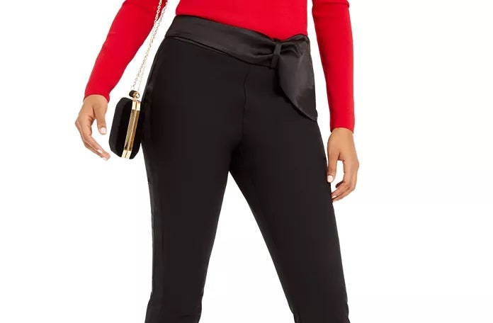 INC International Concepts Women's Petite Bow-Waistband Skinny Pants Black Size 0 Petite