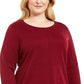 Karen Scott Women's Plus Cotton Contrast Trim Crewneck Sweater Wine Size 0X