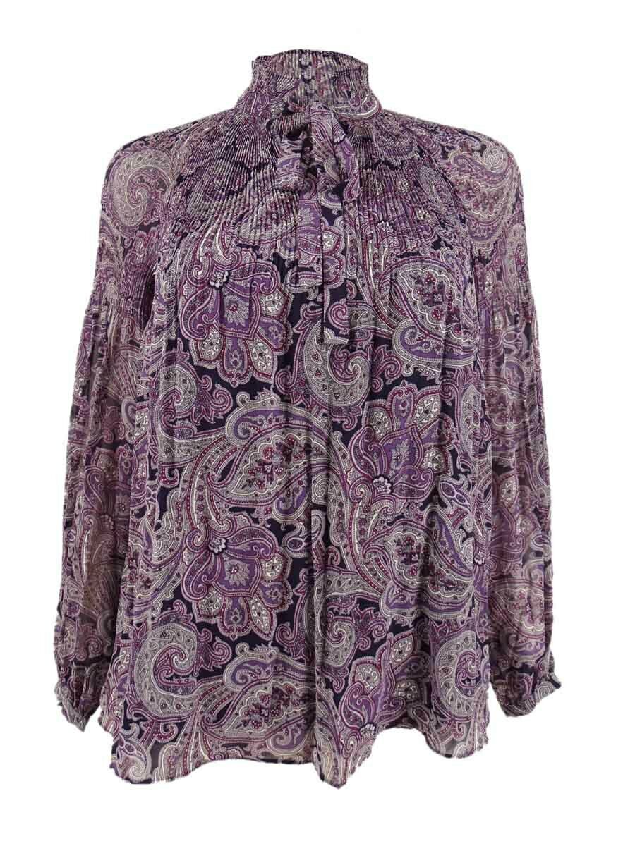 Lauren By Ralph Lauren Women's Petite Printed Tie Neck Blouse Purple Size Petite X-Small