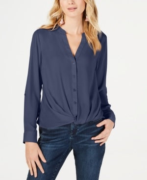 INC International Concepts Women's Petite Twist-Front Button-Up Top Blue Size PS