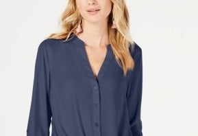 INC International Concepts Women's Petite Twist-Front Button-Up Top Blue Size PS
