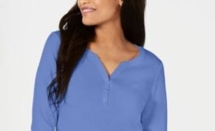 Karen Scott Women's Petite Cotton Henley Shirt Blue Size PS/M