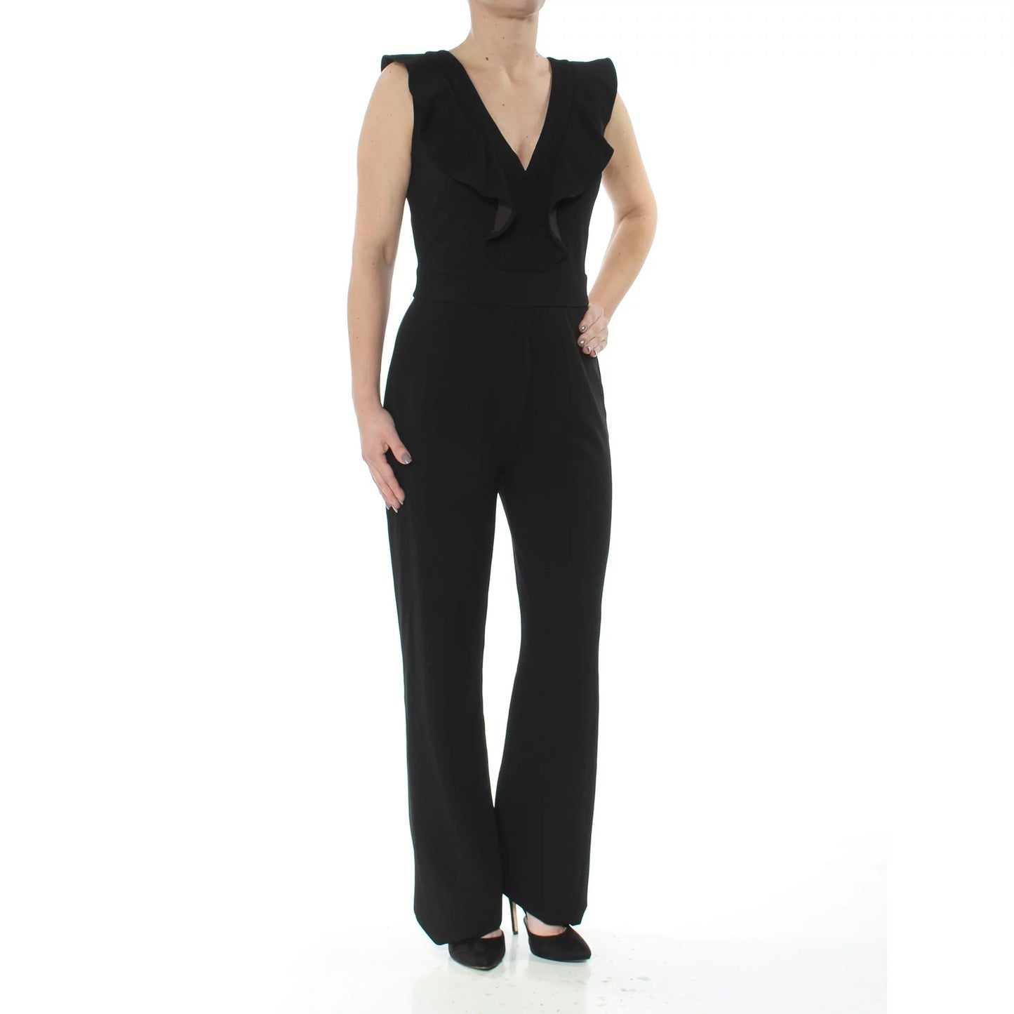 Bar III Women's Black Ruffled Neck Line Sleeveless V Neck Boot Cut Evening Jumpsuit Black Size 10