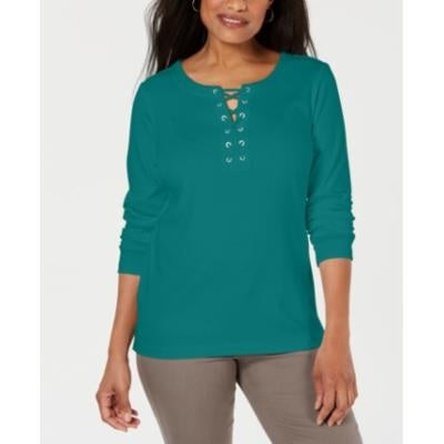 Karen Scott Women's Cotton Lace-Up Top Green Size Small