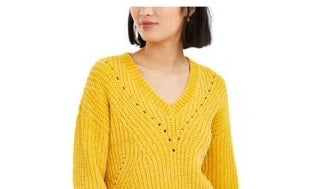 Bar III Women's Womens Eyelet V Neck Crop Sweater Yellow Size X-Large