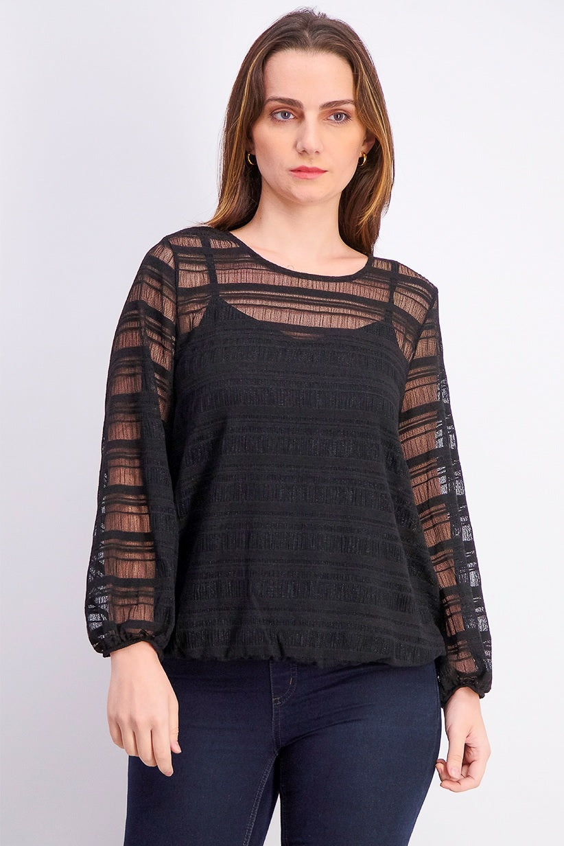 Alfani Women's Petite Sheer-Stripe Balloon-Sleeve Top Black Size PL