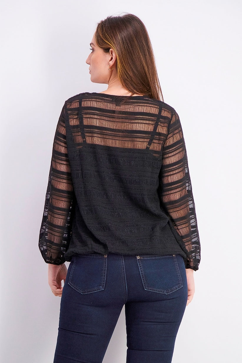 Alfani Women's Petite Sheer-Stripe Balloon-Sleeve Top Black Size PL