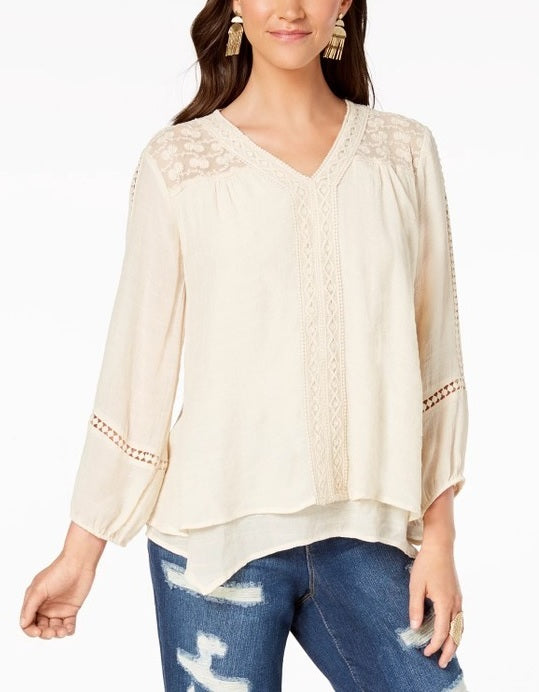 Style & Co Women's Lace-Yoke Handkerchief-Hem Top White Size X-Small
