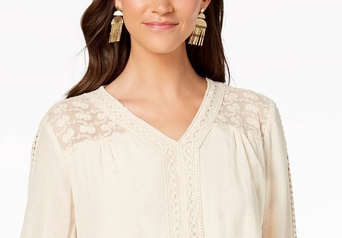 Style & Co Women's Lace-Yoke Handkerchief-Hem Top White Size X-Small