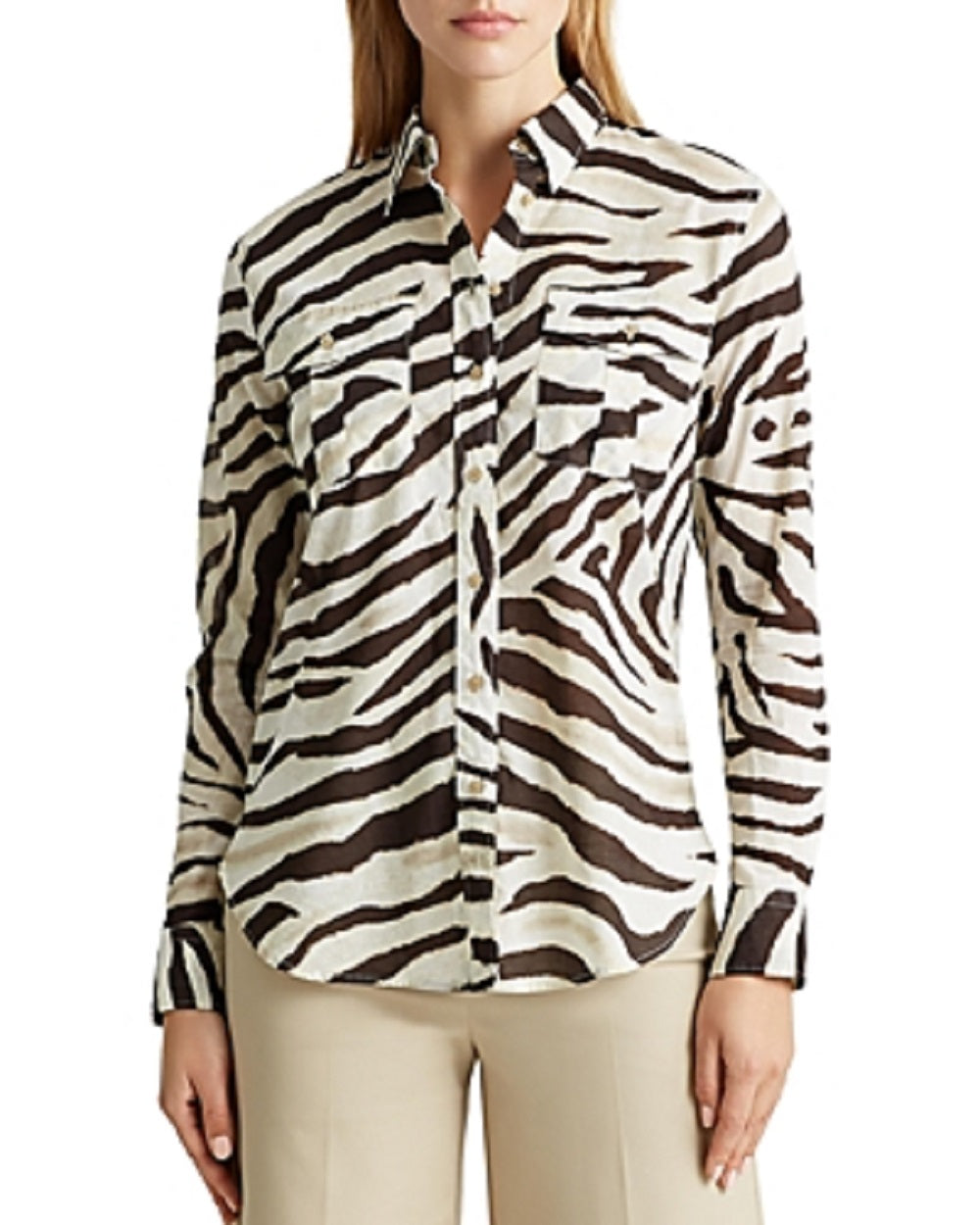 Ralph Lauren Women's Animal Print Long Sleeve Collared Button Up Top Beige/Brown  Size Medium