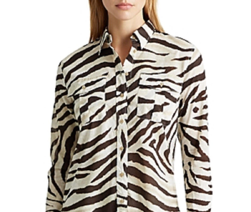 Ralph Lauren Women's Animal Print Long Sleeve Collared Button Up Top Beige/Brown  Size Medium