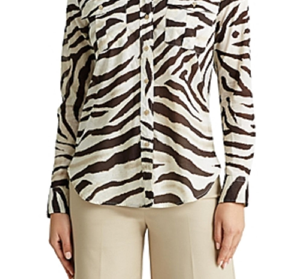Ralph Lauren Women's Animal Print Long Sleeve Collared Button Up Top Beige/Brown  Size Medium