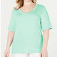 Karen Scott Women's Button-Detail V-Neck Top Aqua Water Size Medium