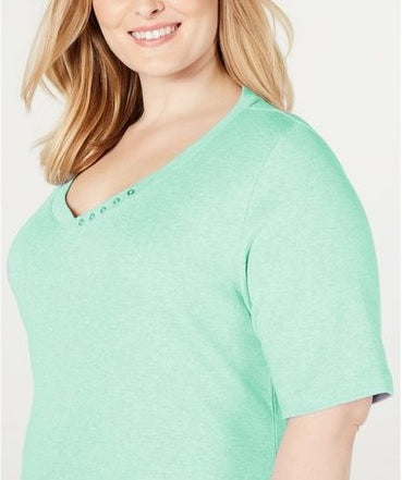 Karen Scott Women's Button-Detail V-Neck Top Aqua Water Size Medium