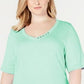 Karen Scott Women's Button-Detail V-Neck Top Aqua Water Size Medium