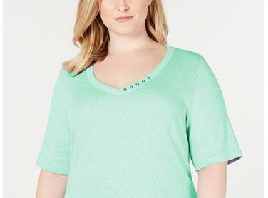 Karen Scott Women's Button-Detail V-Neck Top Aqua Water Size Medium
